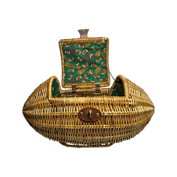 Wicker Football Picnic Tailgate Basket Sports Themed Lined Leather Latch VTG 90s